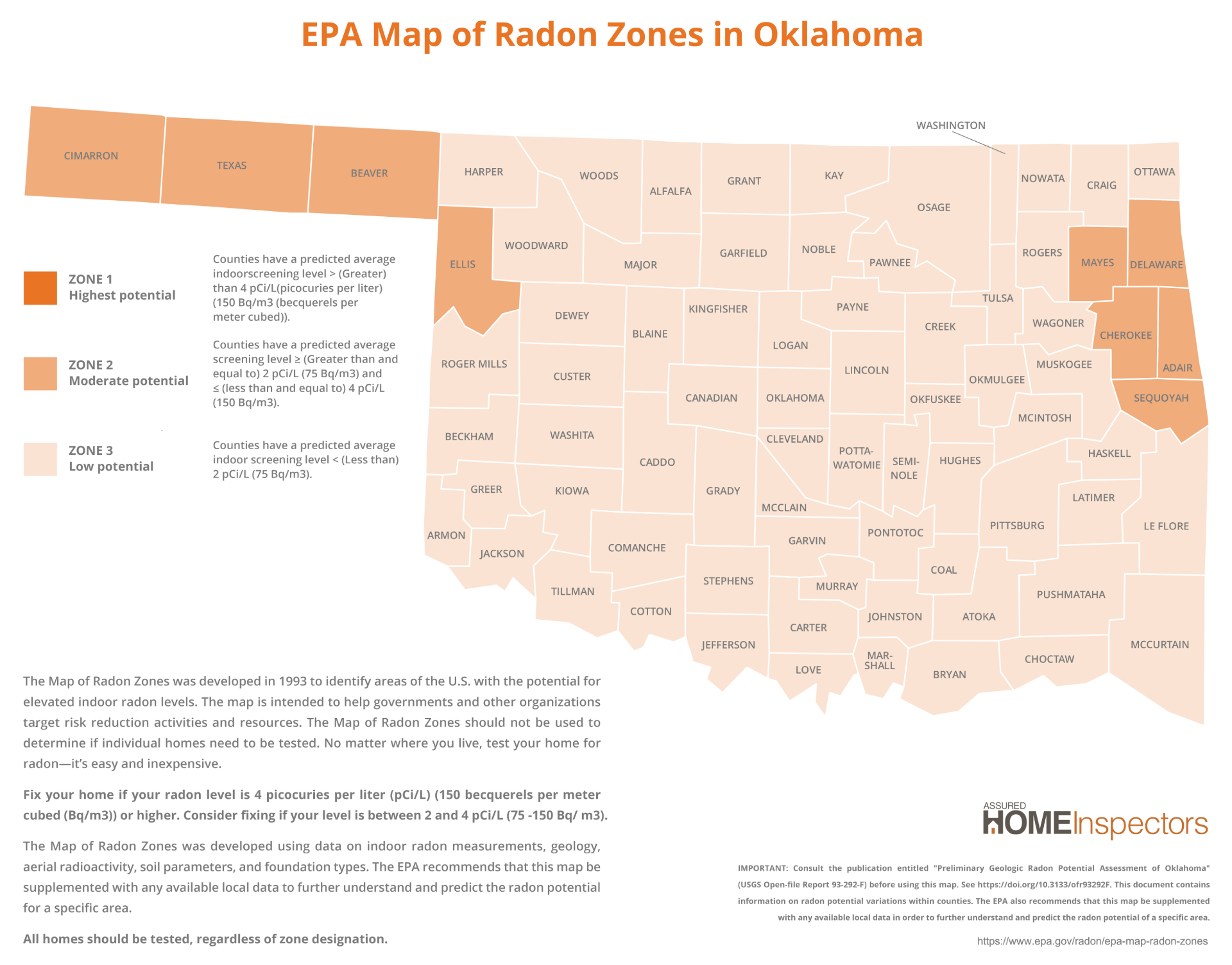 EPA Map of Radon Zones in Oklahoma