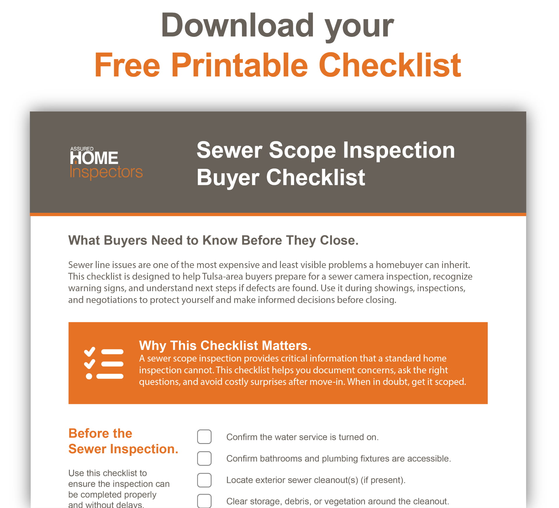 Free Sewer Scope Inspection Buyer Checklist (Tulsa, OK)